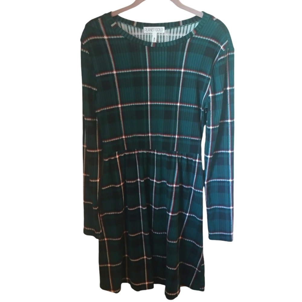 Planet Gold Women's Green Tartan Plaid Dress With Round Neck And Elastic…
